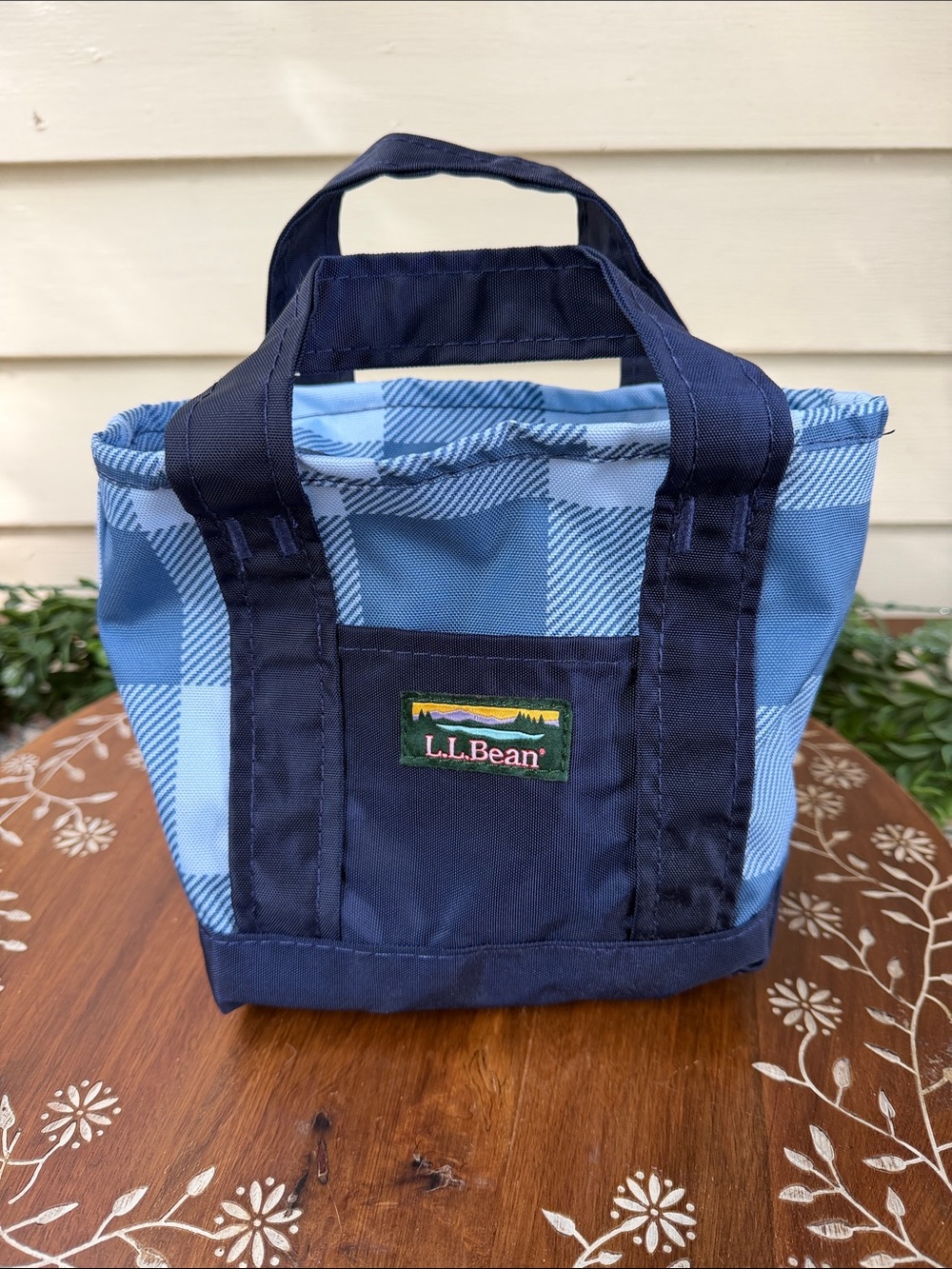 L.L. Bean Blue Plaid Mini Tote with Navy Trim